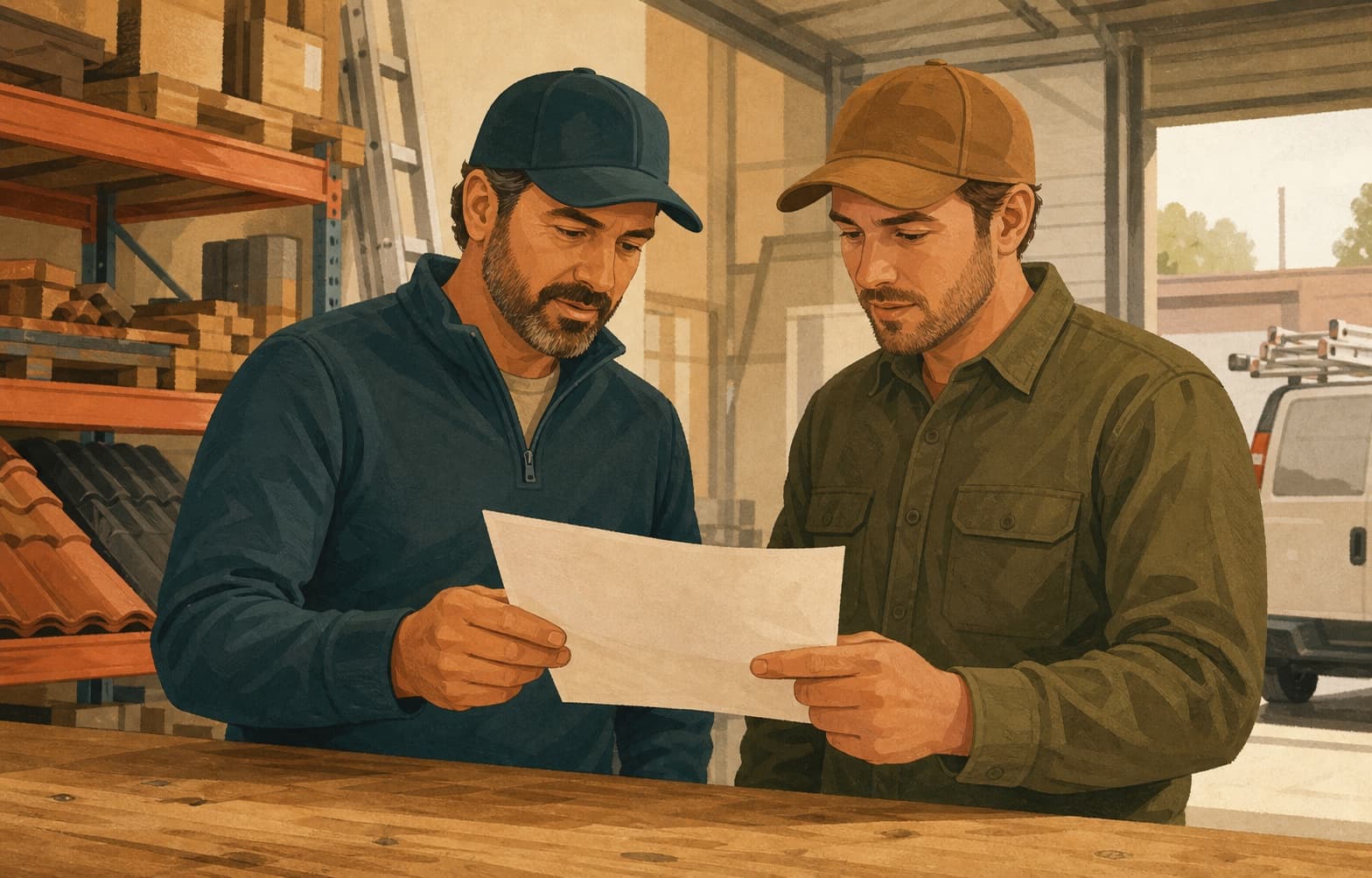 Two roofing operations leaders review one branch roster during a quarterly access audit.