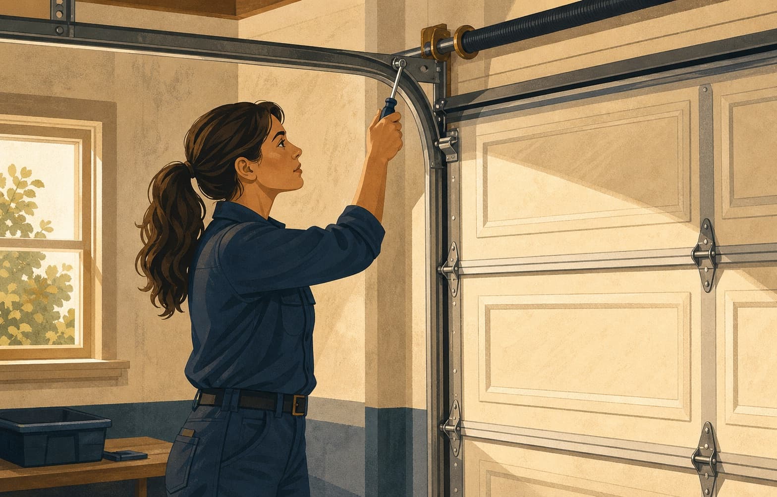 A garage door technician tests the door track at the location and time the customer booked.