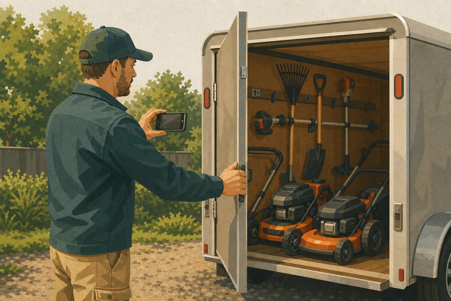 Landscaping branch supervisor recording a verification video of real equipment in an outdoor service yard.
