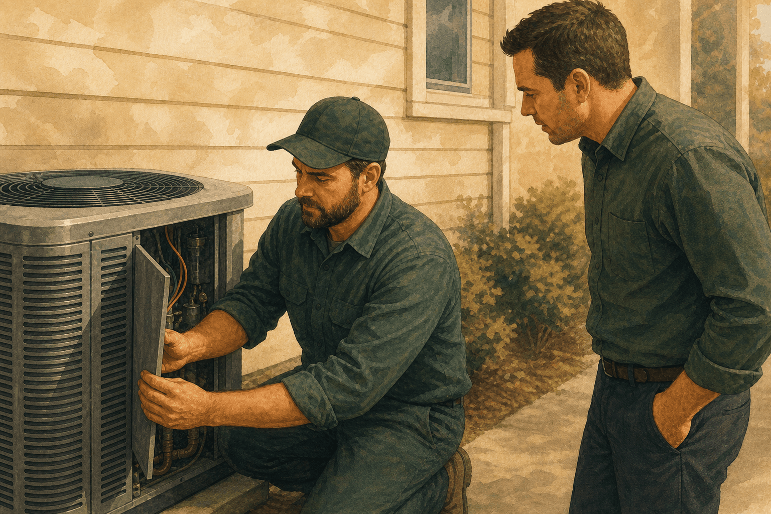 HVAC technician opening an outdoor condenser while a branch manager checks the real equipment, illustrating that profile categories should match the work a location actually performs.