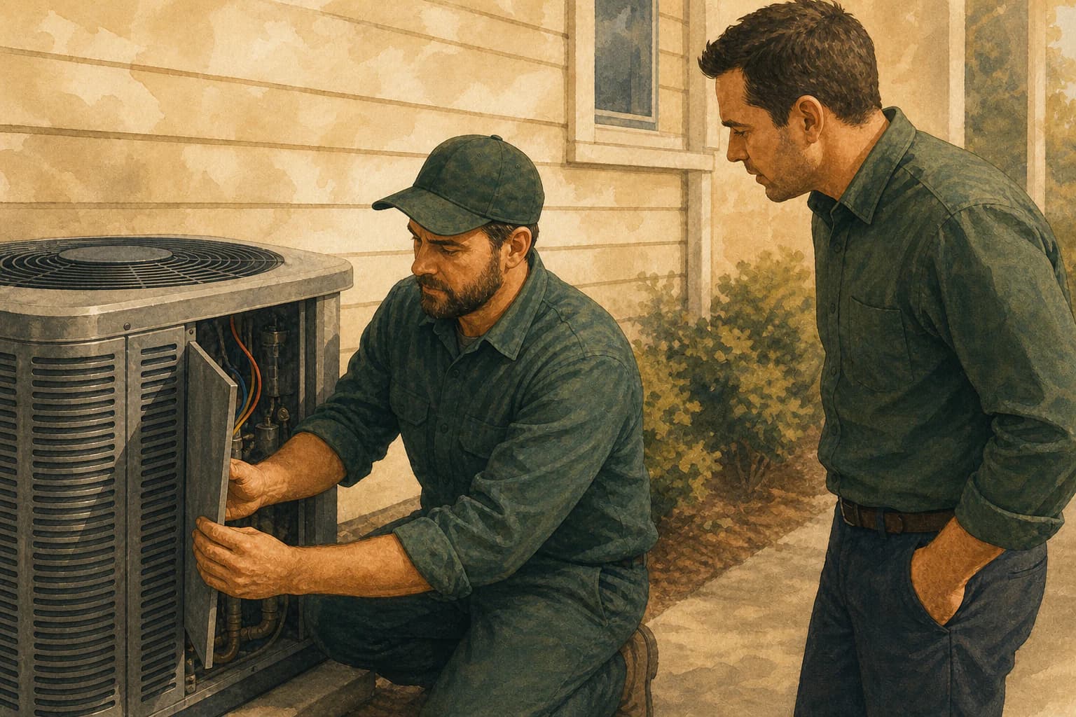 HVAC technician opening an outdoor condenser while a branch manager checks the real equipment, illustrating that profile categories should match the work a location actually performs.