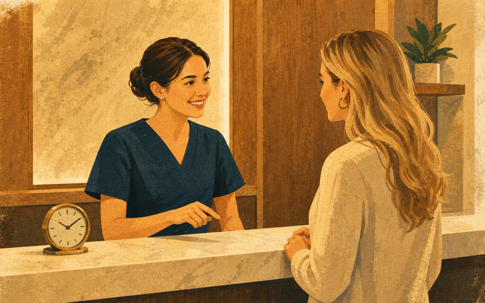 A med spa receptionist confirms a customer's appointment beside a desk clock.