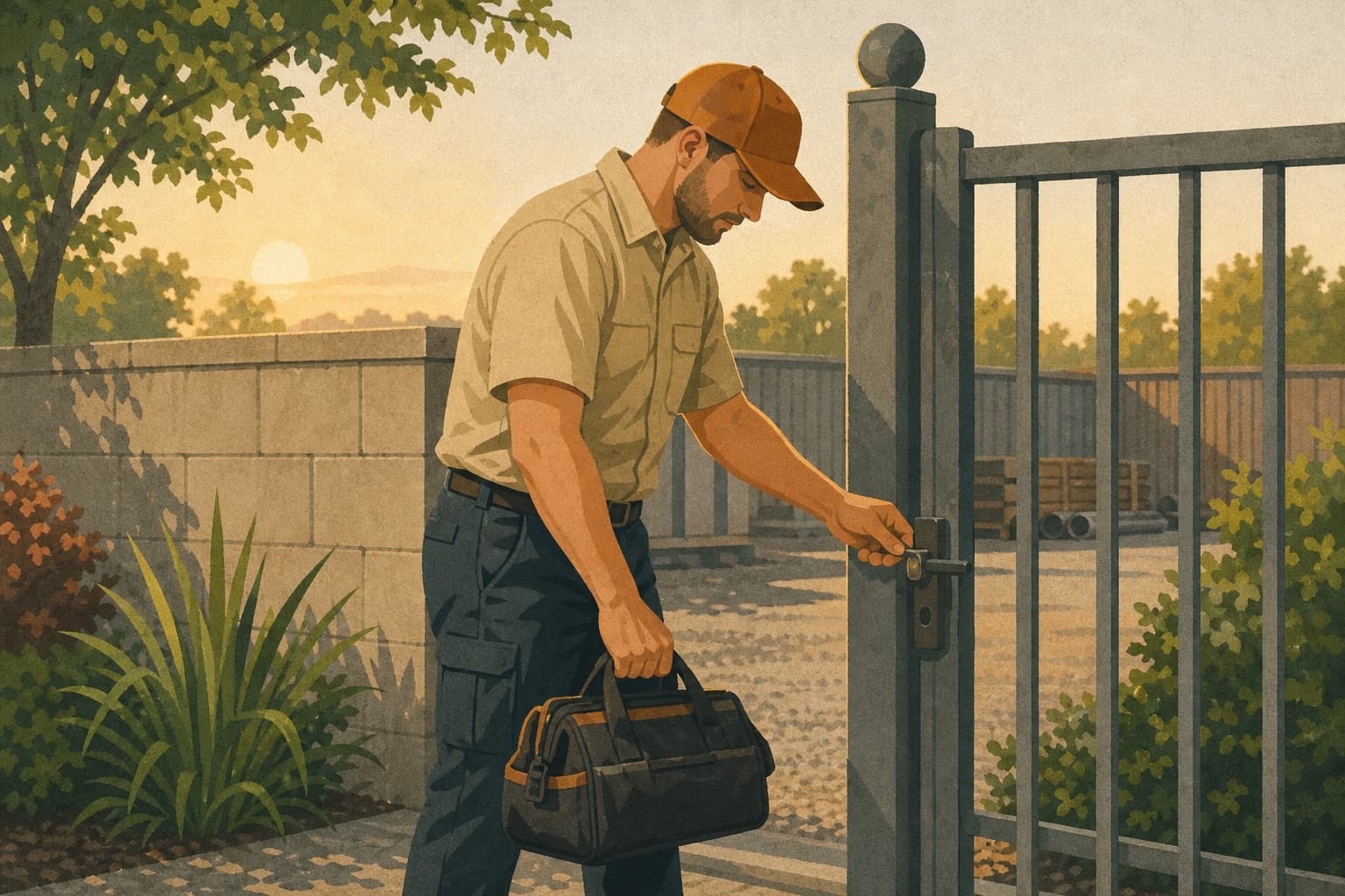 A plumbing on-call technician opens a service-yard gate before a holiday shift.