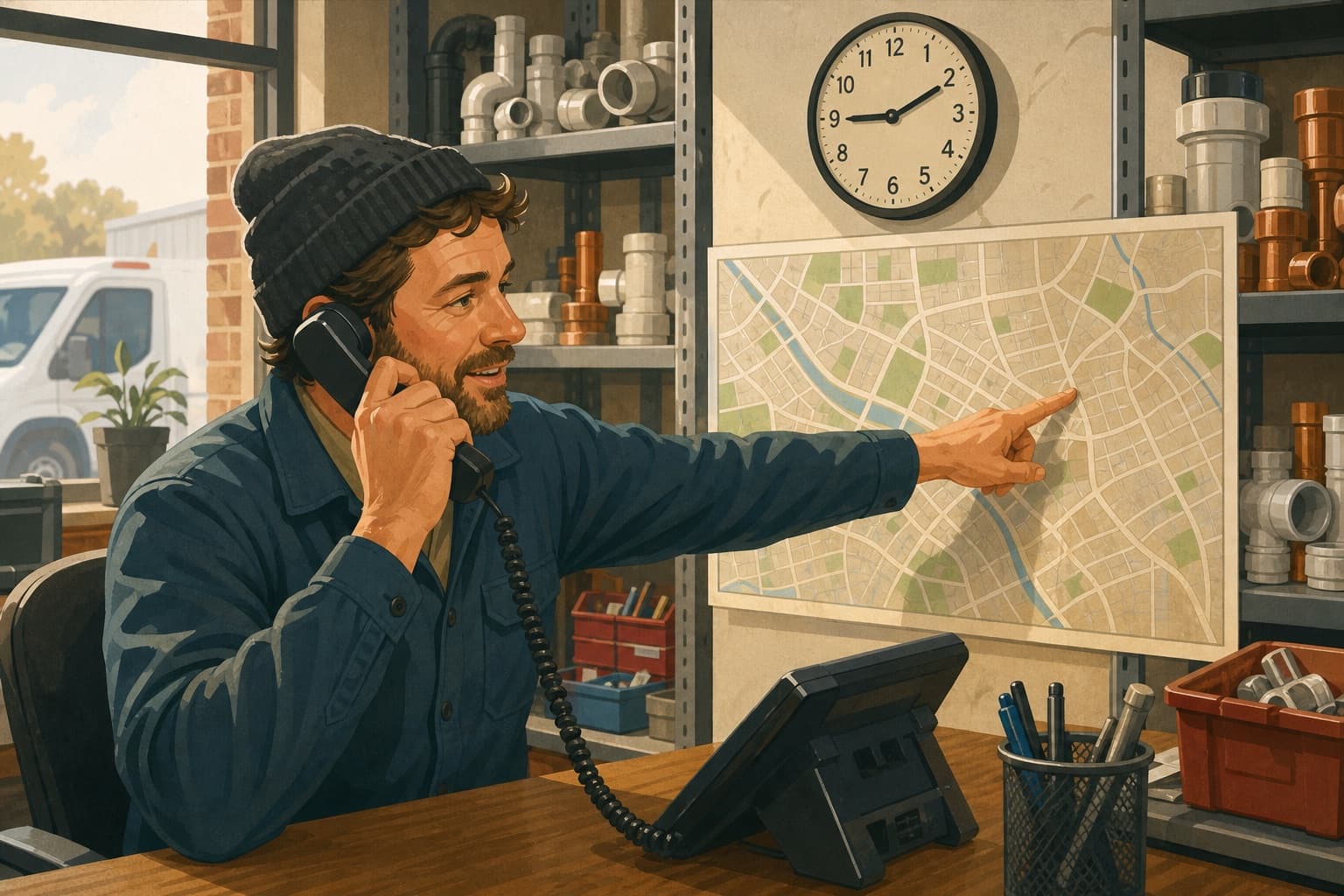 A plumbing dispatch coordinator confirms the caller's neighborhood on a branch map.