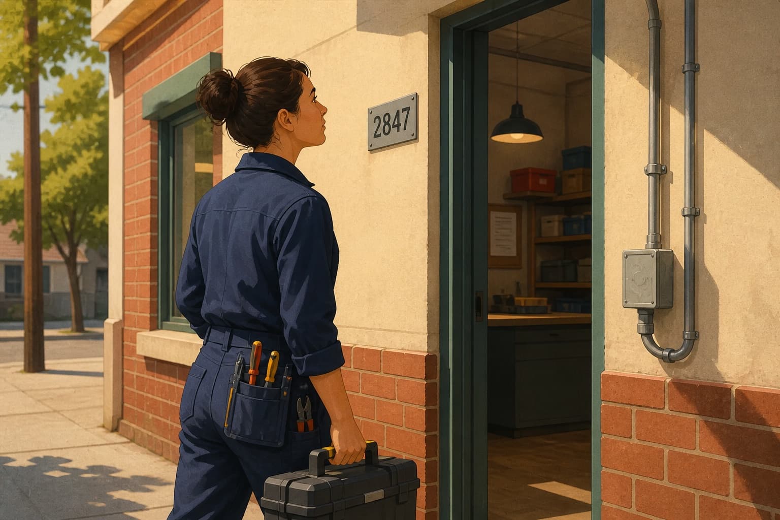 An electrician verifies the fixed street number at a local service branch entrance.