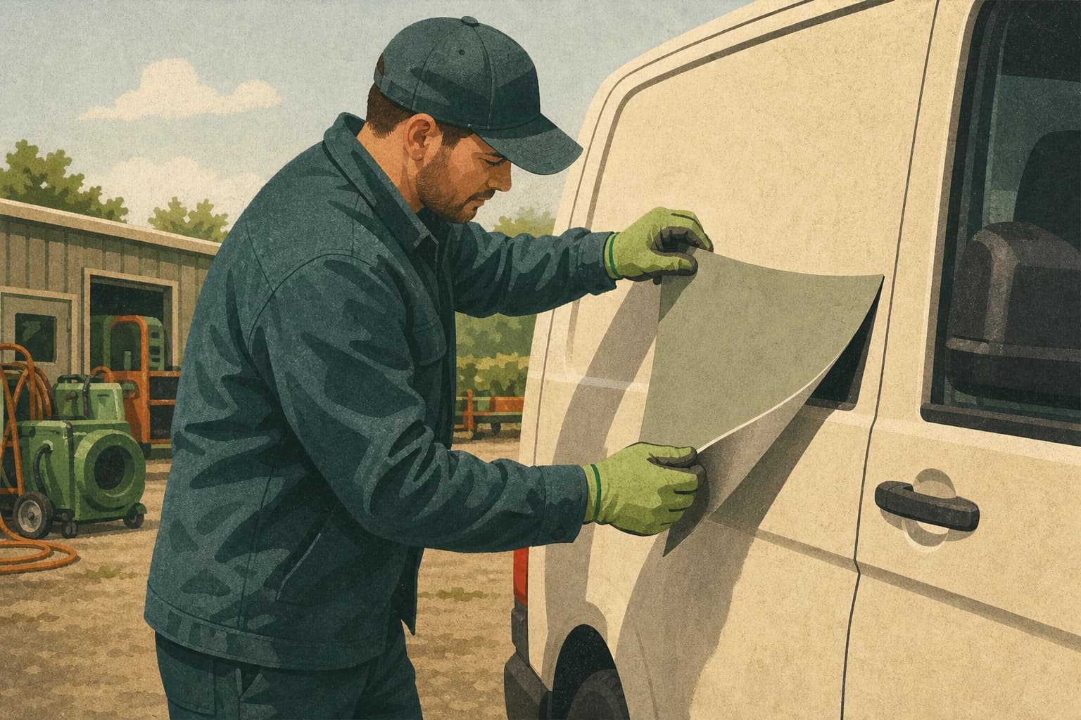 Restoration branch supervisor removing an old identity panel from a service van after an acquisition