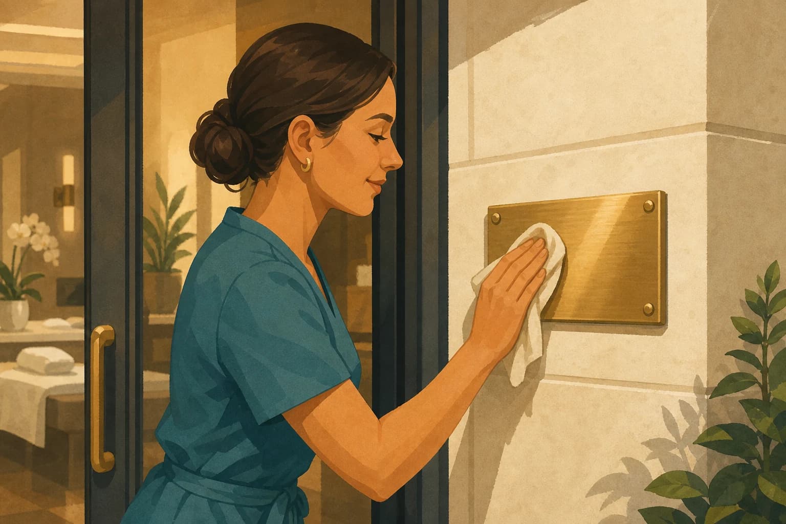 Med-spa location manager polishing a permanent entrance nameplate before opening