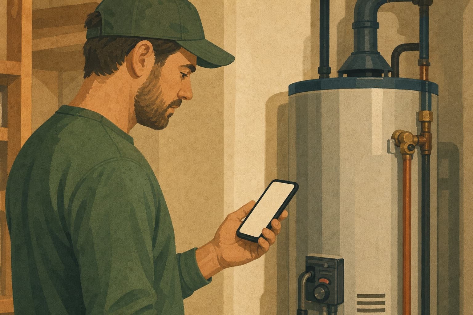 A field supervisor checks a branch website link beside a water heater, illustrating why a profile website click needs downstream page and booking measurement.