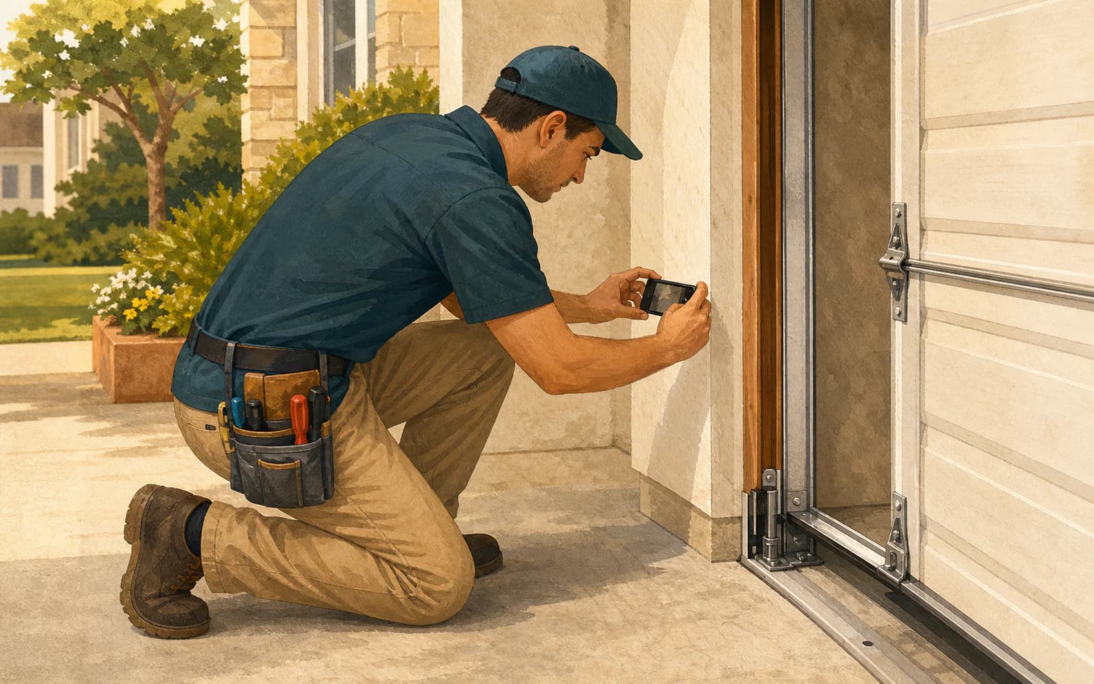Garage door technician documenting a completed repair, illustrating a current branch update that could become a useful Business Profile post.