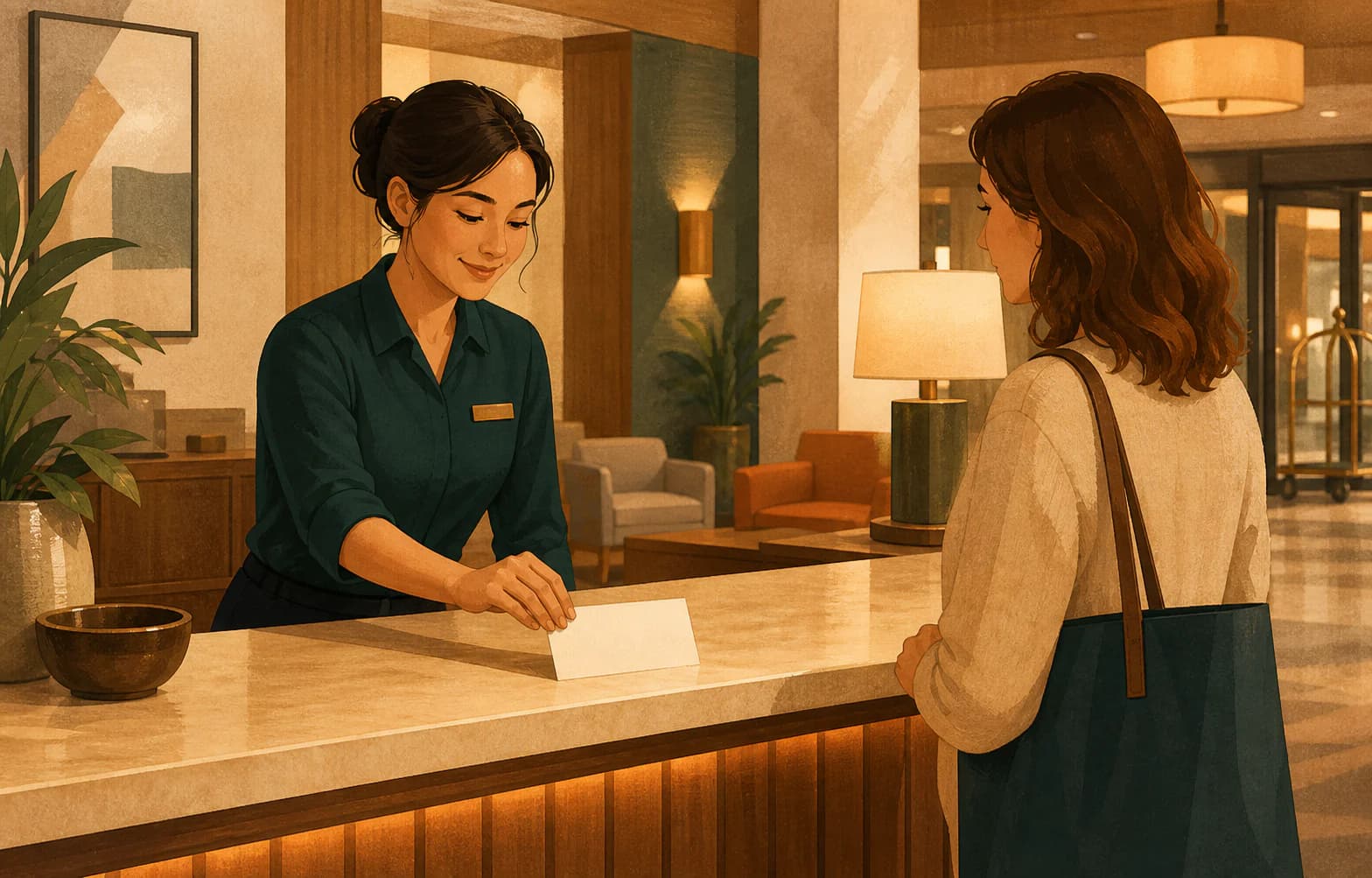 Hotel front desk worker placing a local event card on the counter, illustrating why branch-level posts should be true to the local operation.