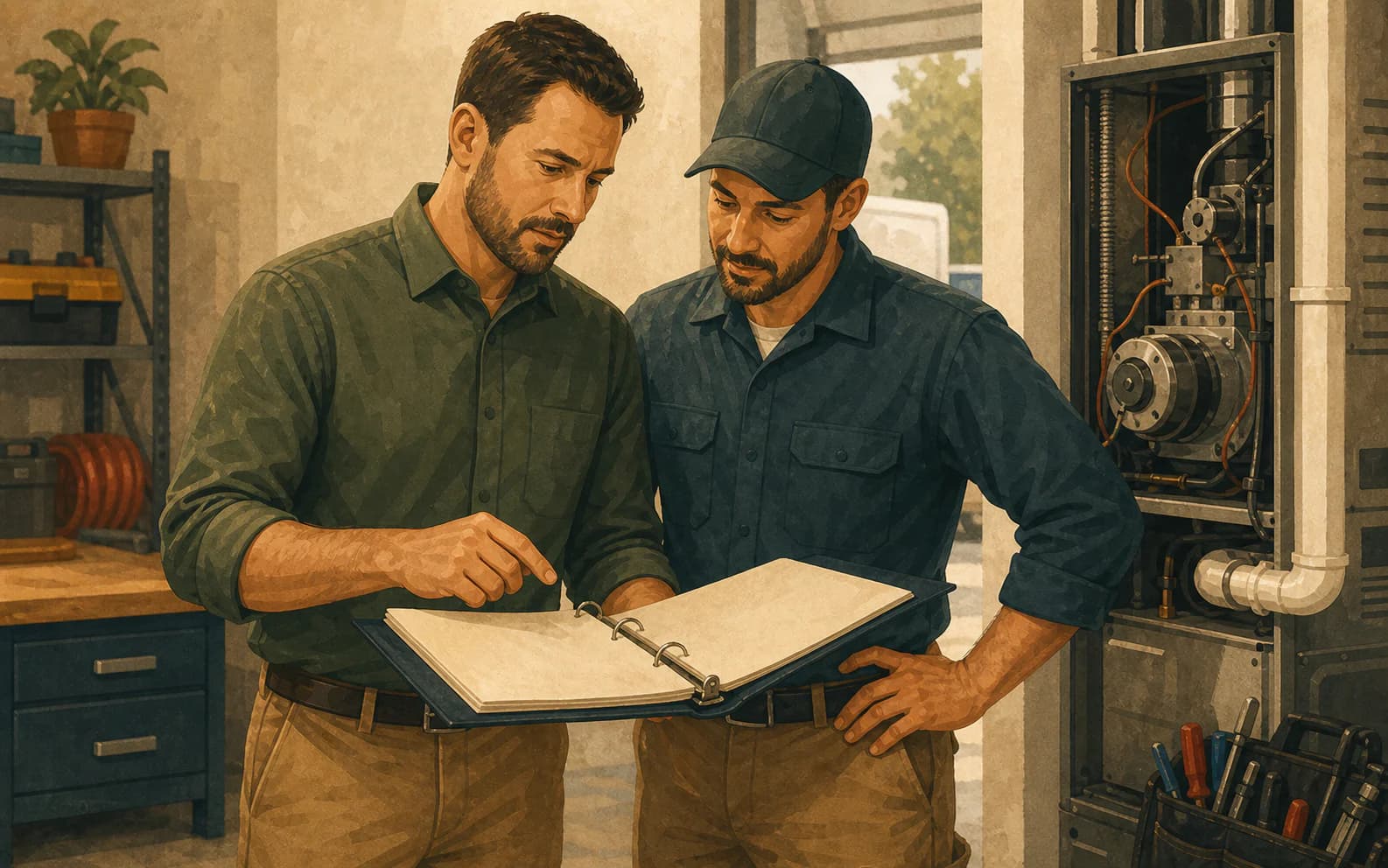 HVAC branch manager reviewing a blank service-area answer binder with a technician beside equipment