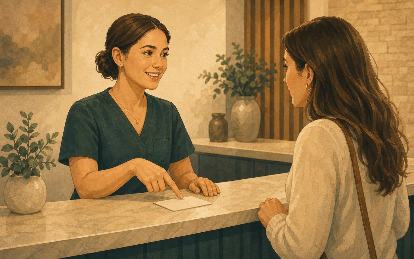 Med spa front desk worker answering a customer question beside a blank appointment card