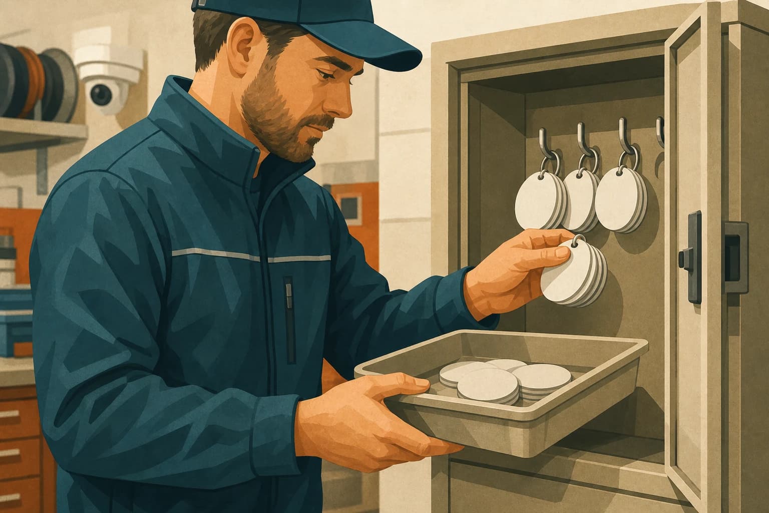 A smart-home operations supervisor removes unbranded review badges from a shared installer locker, showing how a brand can contain one review workflow before changing evidence.