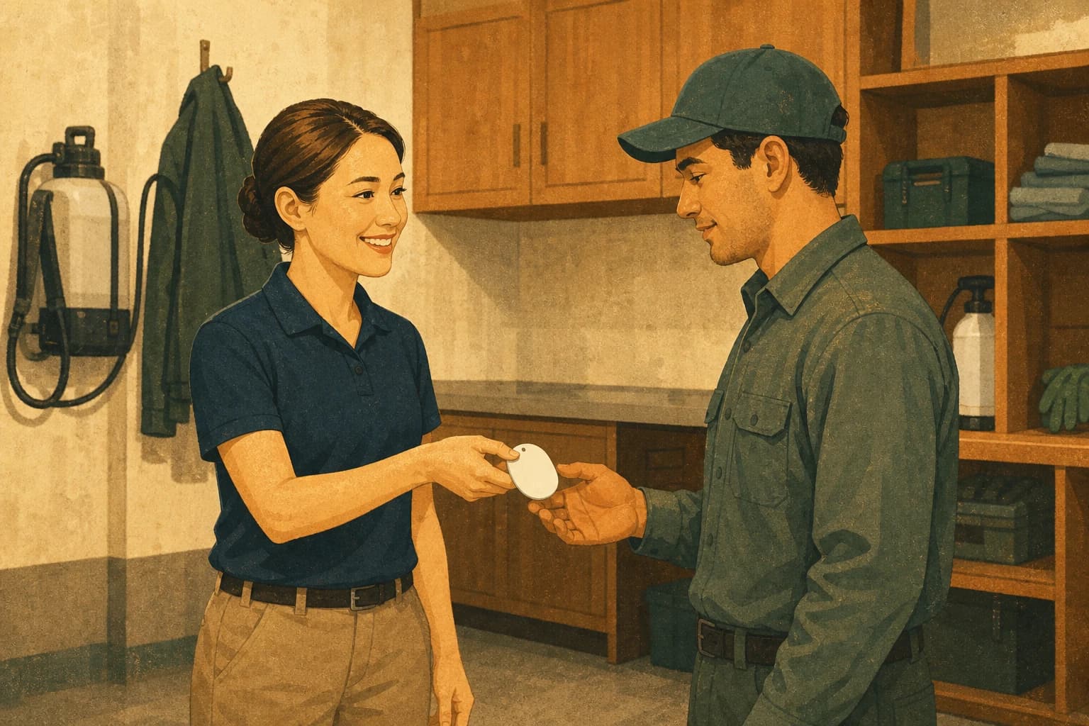 A pest-control customer experience trainer hands an unbranded review badge to a technician during a neutral request rehearsal, illustrating a controlled restart without rating pressure.