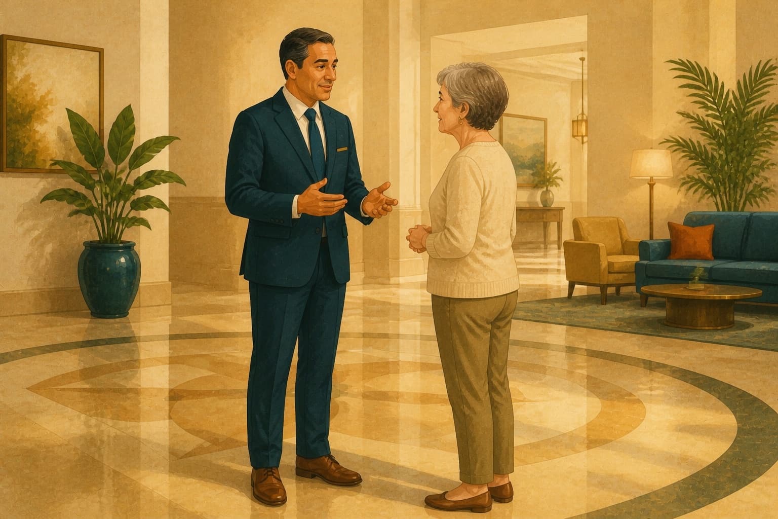 Hotel duty manager speaking privately with a guest on the open lobby floor