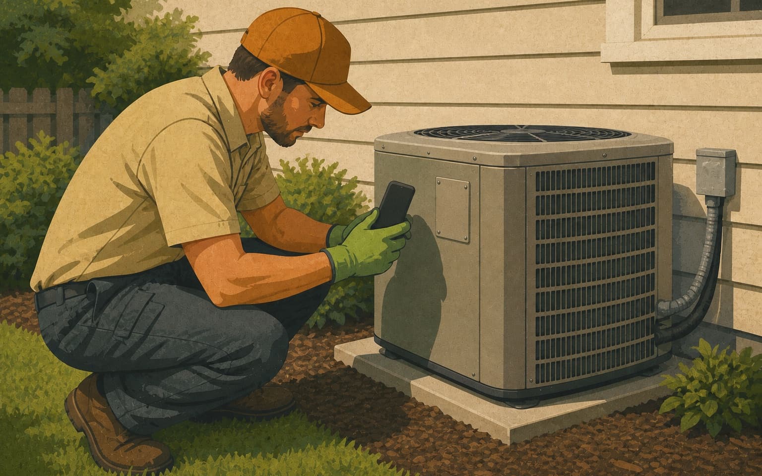 An HVAC technician checks the outdoor unit at the customer property while the review team verifies the service facts behind a proposed reply.