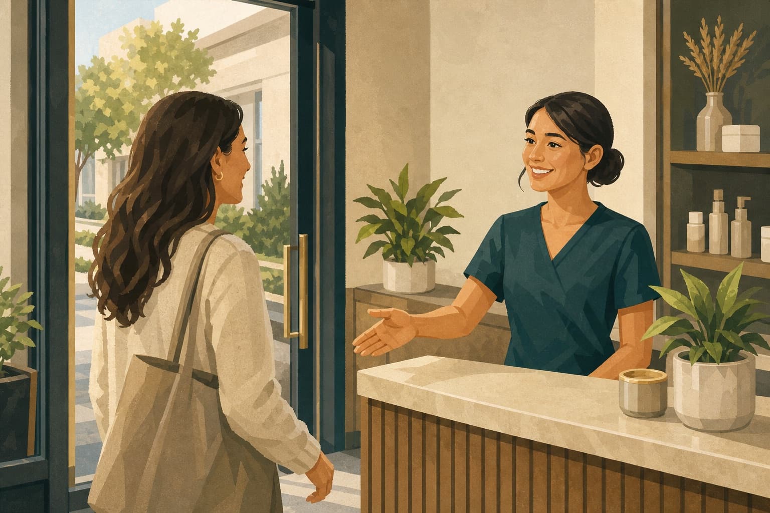 A med spa receptionist greeting a customer at a staffed public entrance, showing the operating reality a storefront Business Profile should represent.