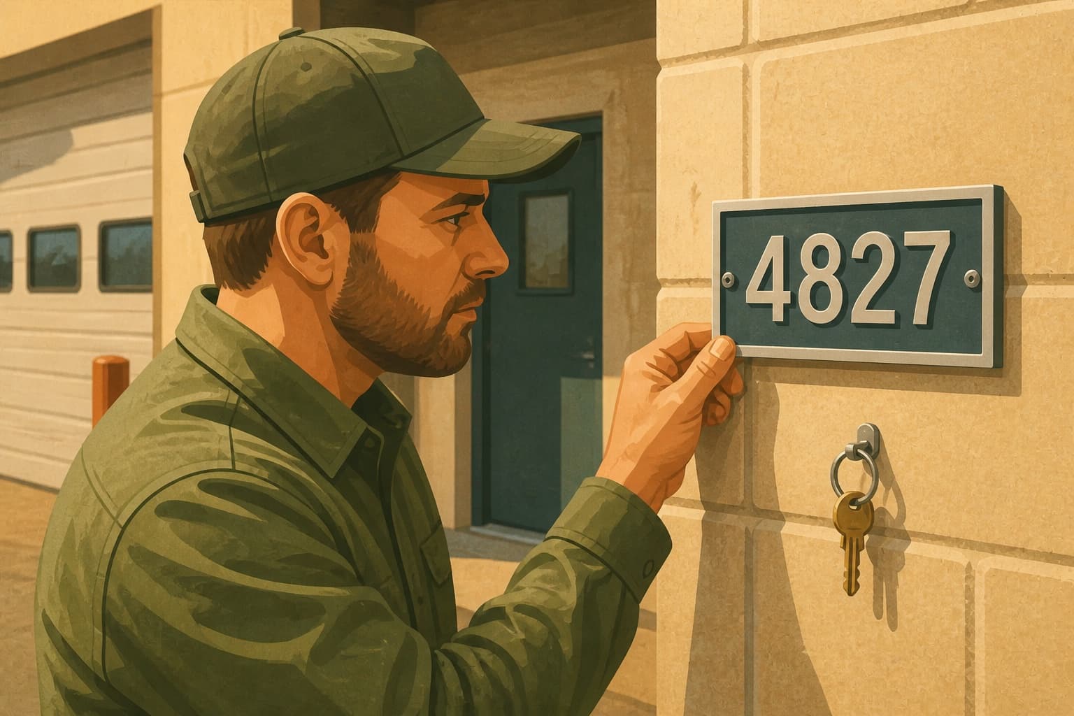 Branch coordinator checking a permanently mounted street number
