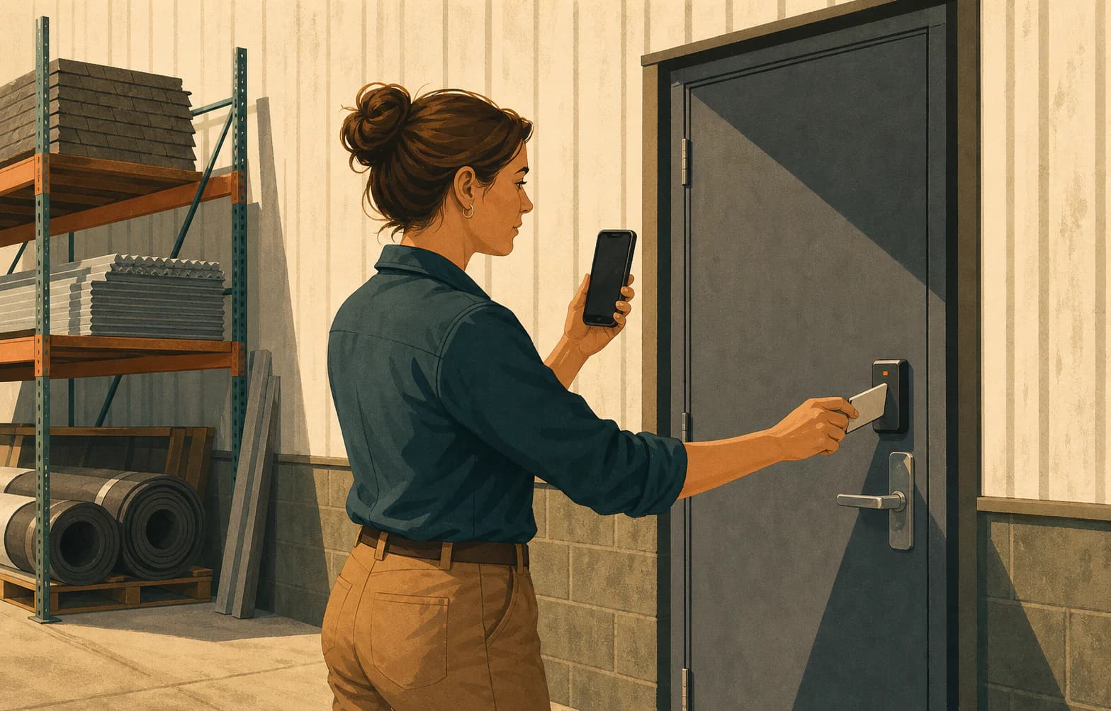 A roofing branch supervisor records her keycard access to an employee-only warehouse door as management-control proof.