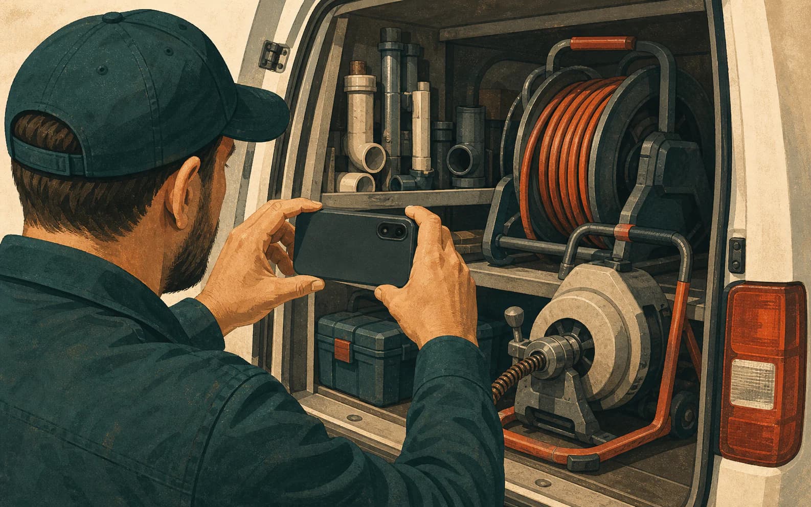 A plumbing field supervisor records the organized tools and drain-cleaning equipment inside a service van as business-existence proof.