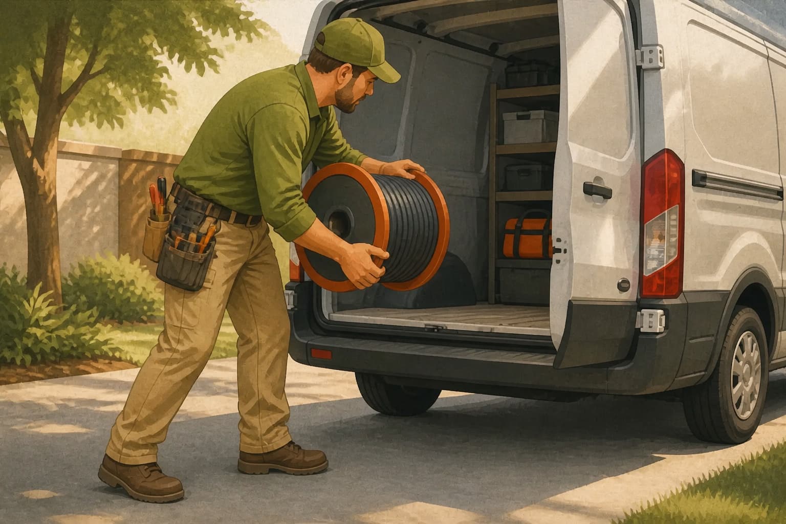 Electrician loading cable into an unbranded service van