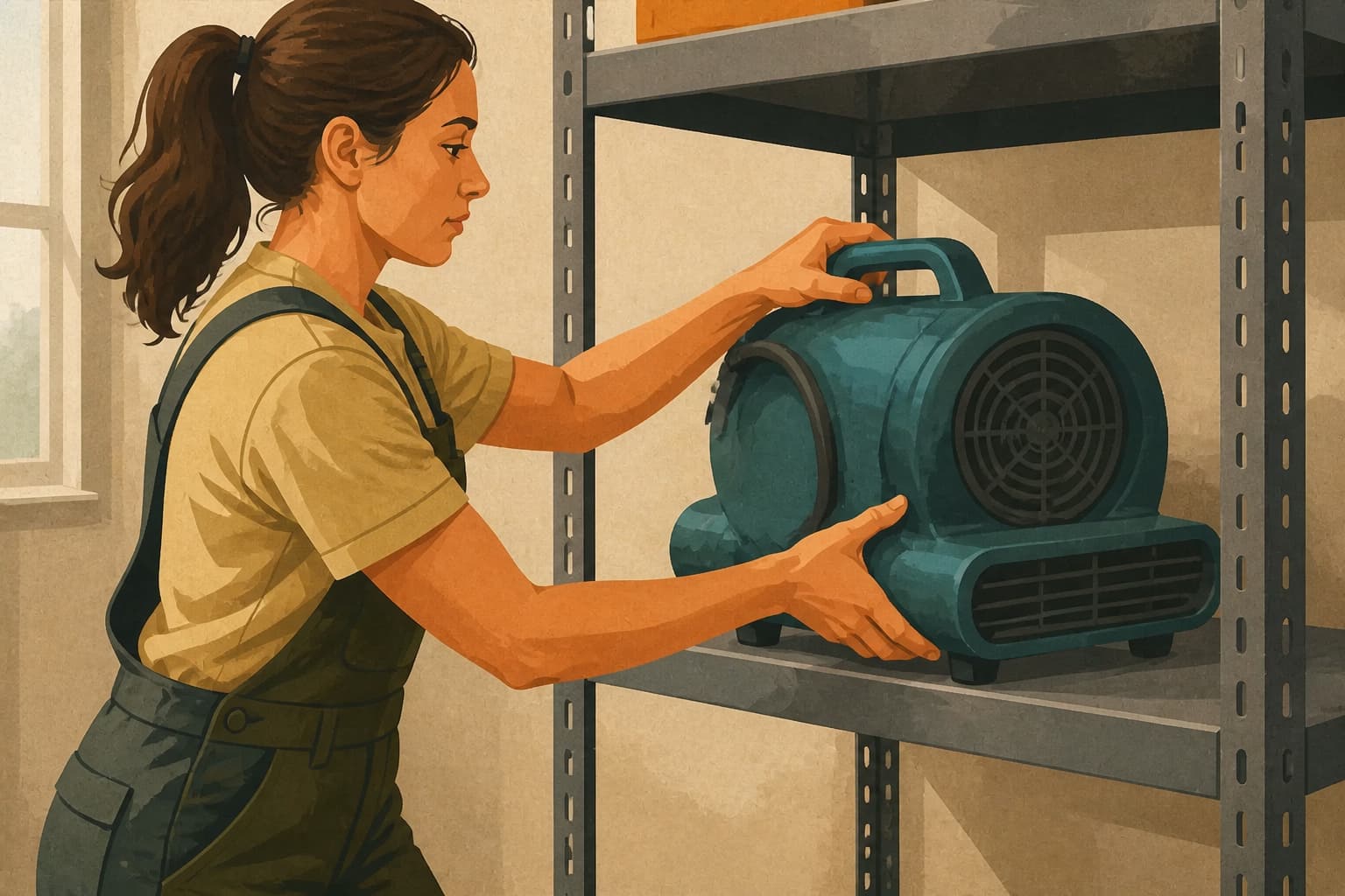 Restoration technician stocking an air mover in a branch equipment room