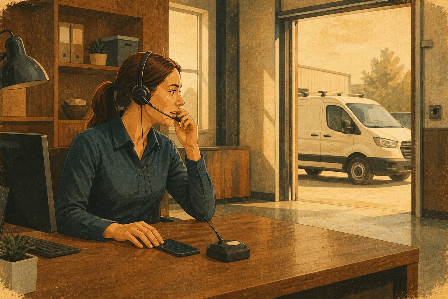 A plumbing dispatcher receives a customer conversation and routes it toward the correct local service team.