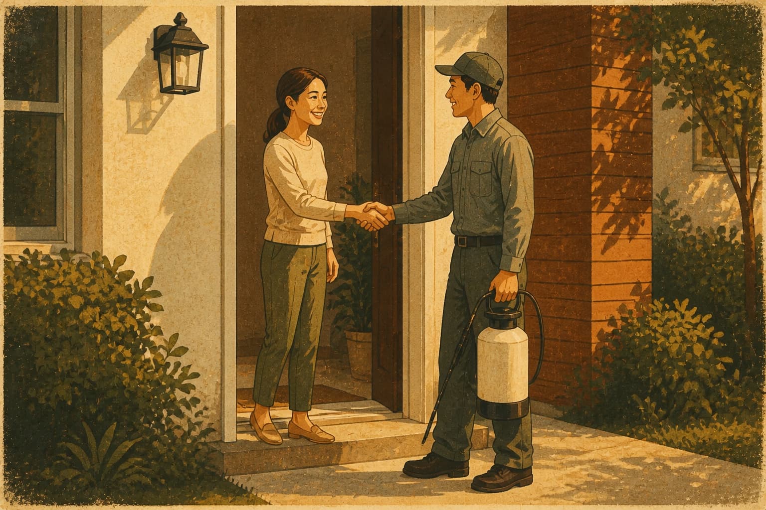 A pest-control technician arrives at the local customer handoff created by a correctly routed conversation.