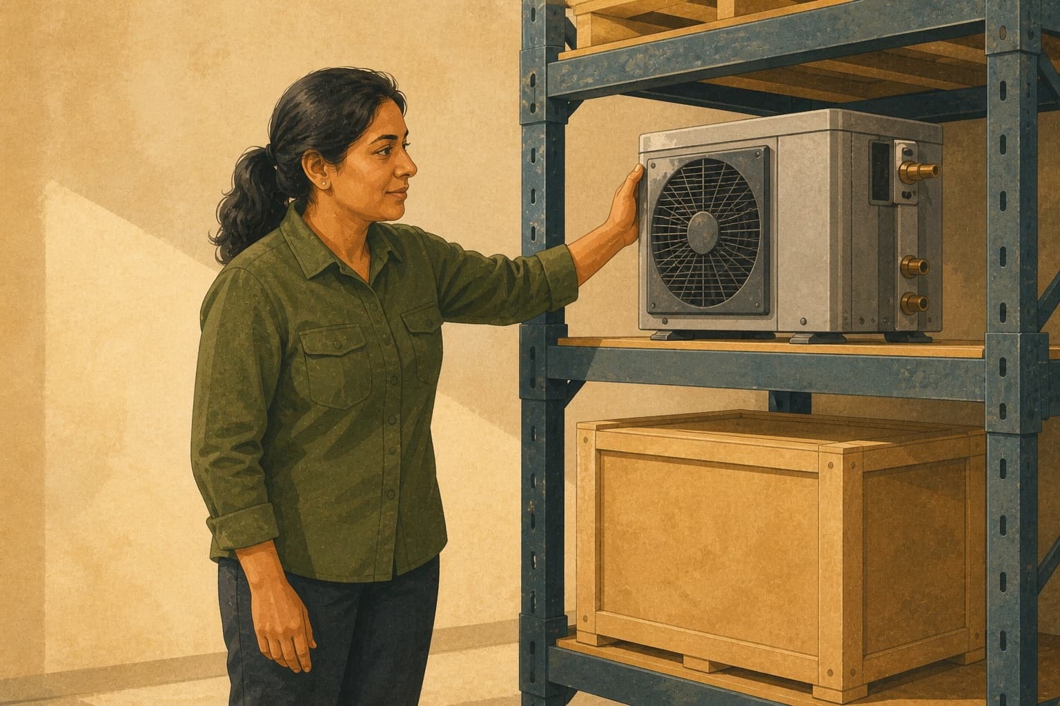 HVAC parts manager checking a replacement unit on a warehouse rack beside a plain crate