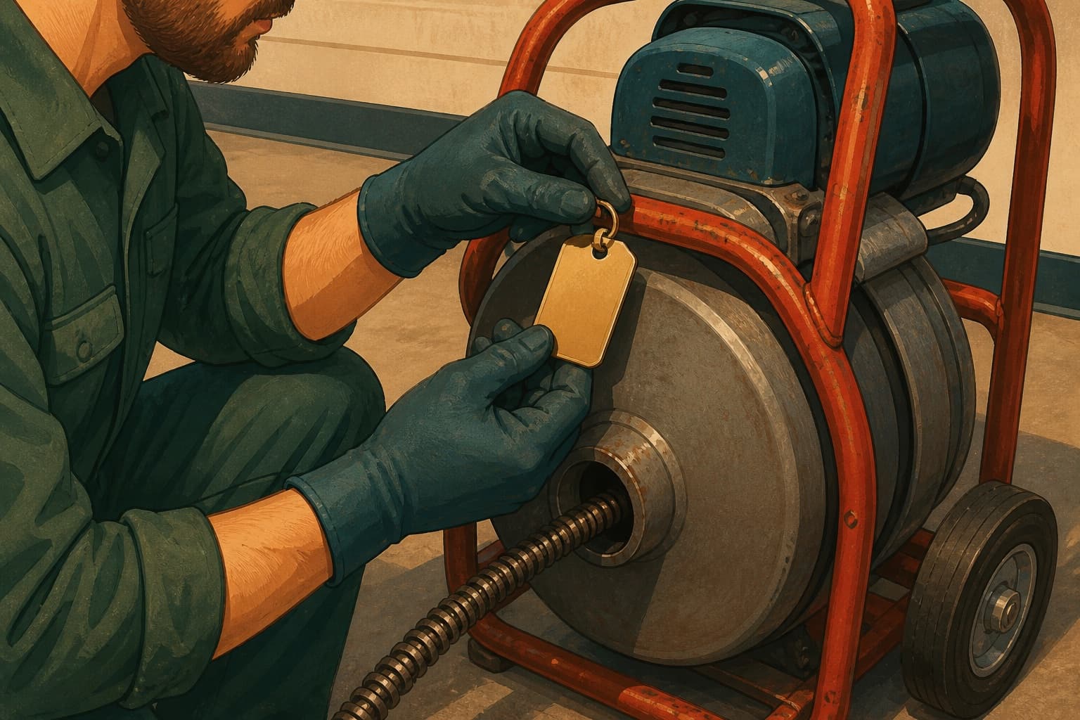 Plumber attaching a blank brass tag to a drain-cleaning machine