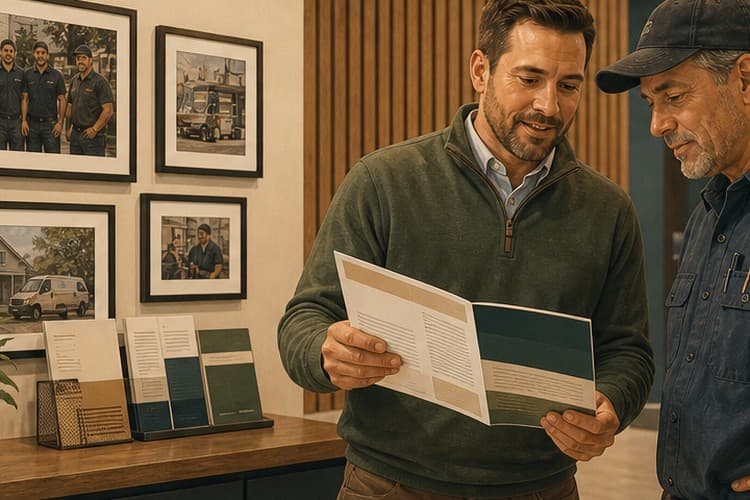 Regional manager and longtime technician reviewing transition materials in a refreshed branch lobby