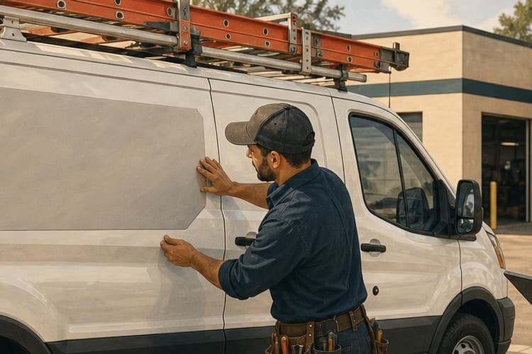 Technicians replacing a blank vehicle decal panel during a service-brand transition