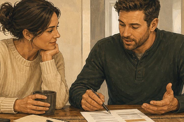 Homeowners reviewing local service options at a kitchen table before booking