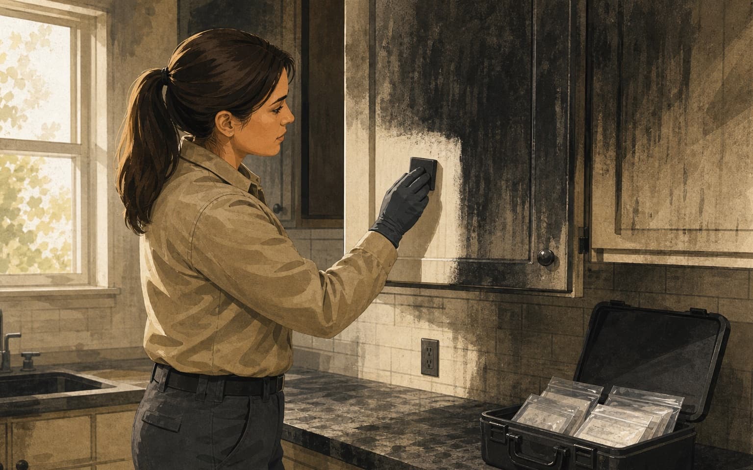Fire-restoration technician testing soot removal on a smoke-damaged cabinet.