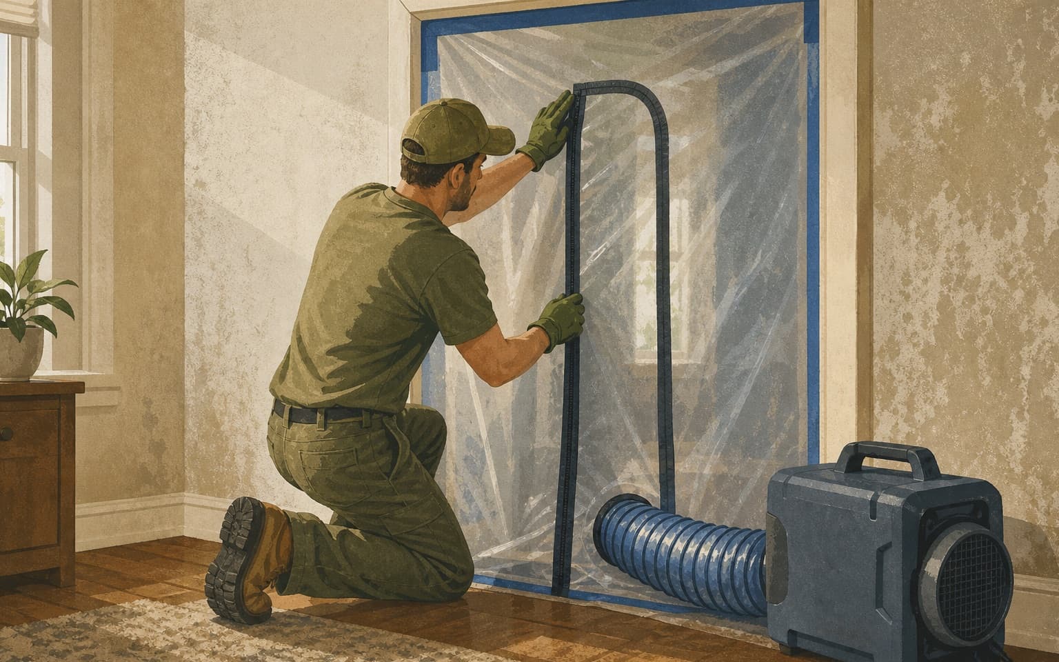 Restoration technician installing a containment barrier before mold remediation.