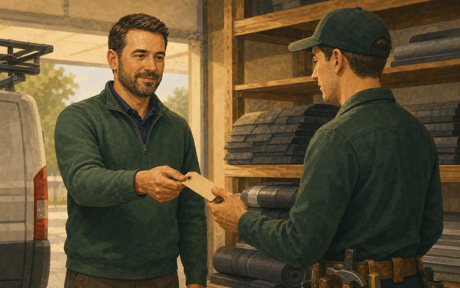 A roofing job handoff turns a reporting row into an owner, a branch, and a next action.