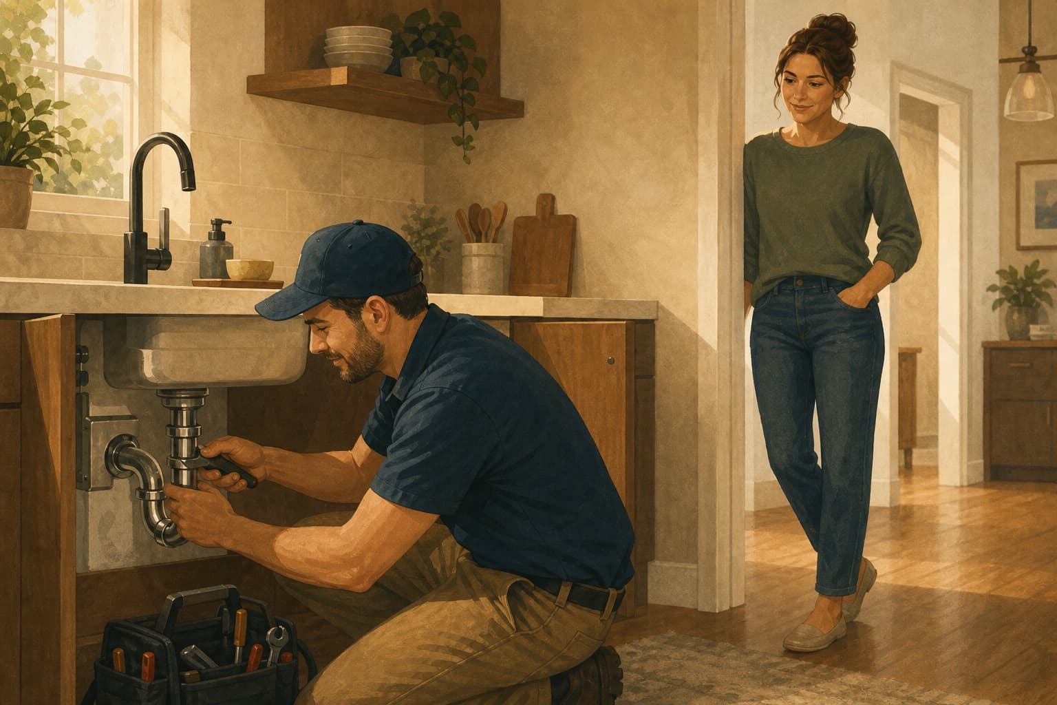 A plumber finishing a sink repair shows the kind of service detail customers mention in reviews before it becomes page copy.
