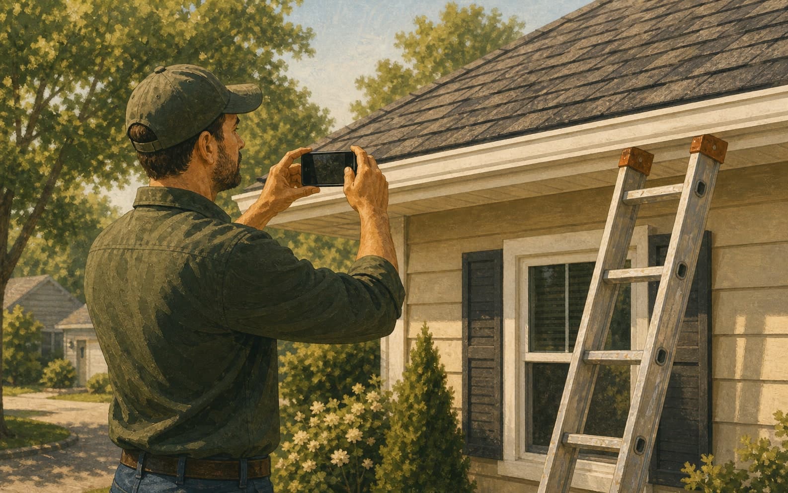 A roofing estimator photographing a finished roof edge from the driveway.