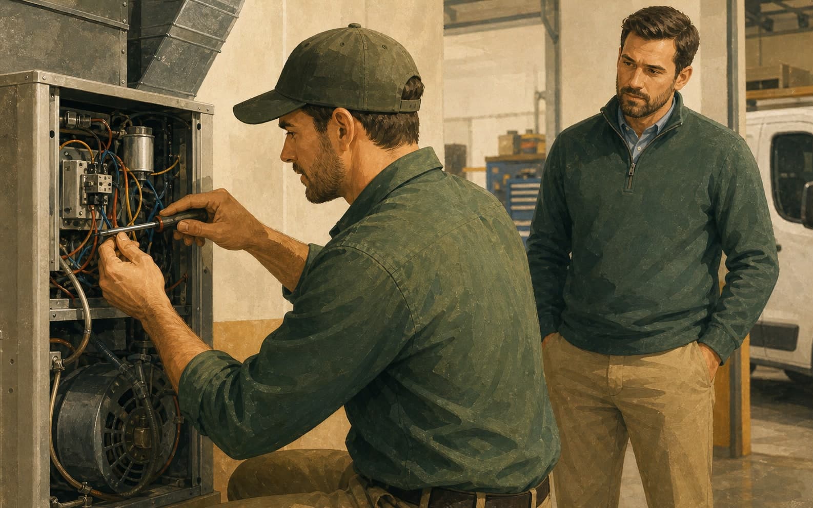 A regional home services marketing leader walking through a service bay with an operations manager while technicians work nearby.