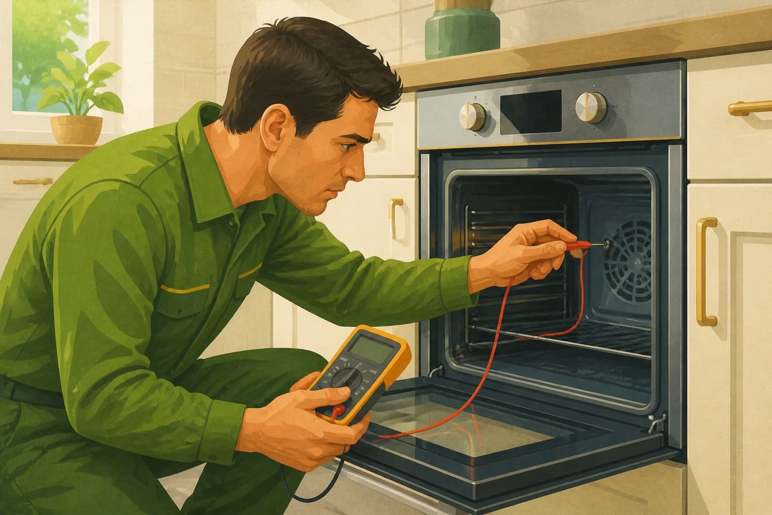 An appliance technician checks an oven circuit with a multimeter, representing the branch-level service match an operator should verify after migration.