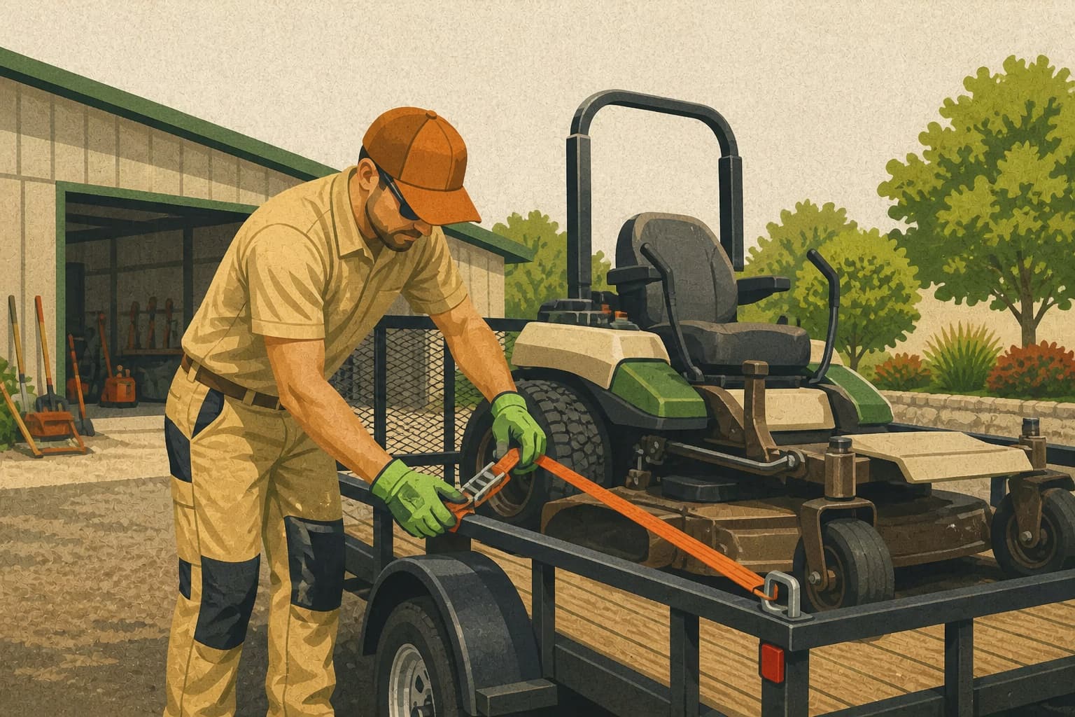 A lawn-care crew lead secures a mower on a trailer before dispatch, representing the capacity and routing readback a local owner should confirm during the stabilization period.