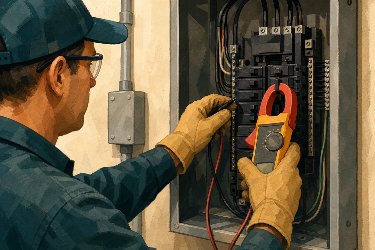 An electrician tests a real branch breaker panel, showing why structured data should repeat customer-visible operating facts rather than invent them.