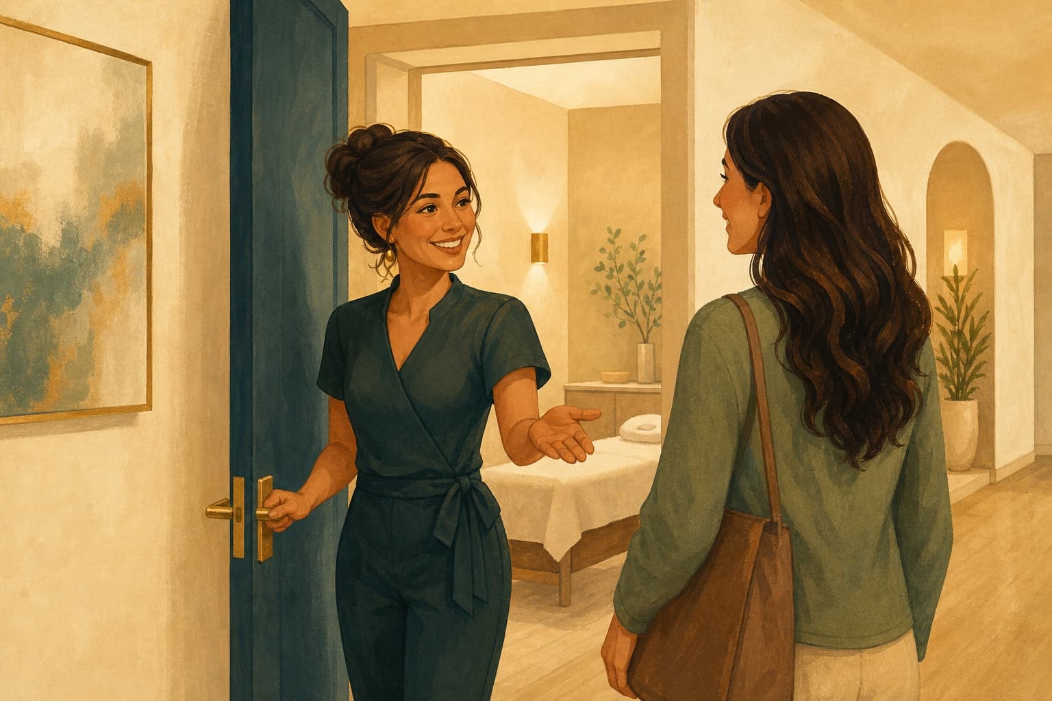 A med-spa clinic manager welcomes a customer into one real treatment location, the customer-facing entity that branch markup should describe.