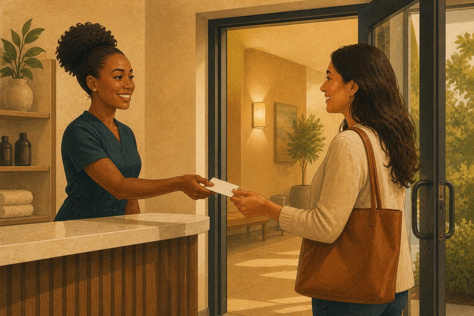 Med spa front-desk coordinator handing a blank card to a departing client at the exit