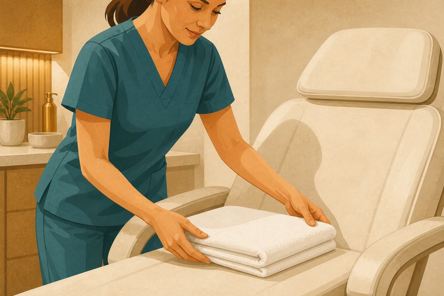 Med spa practitioner preparing a treatment room before an appointment