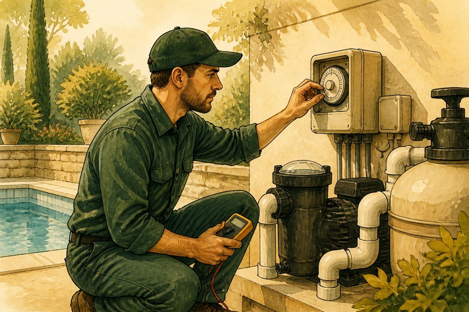 A pool-service technician checks an analog equipment timer while holding a meter.