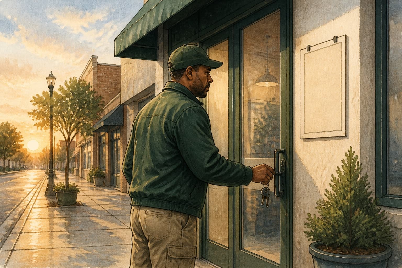 A commercial cleaning supervisor opens a storefront and checks the posted operating detail.