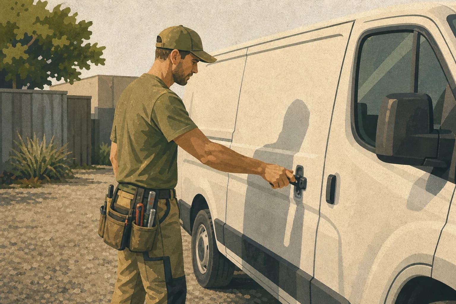 Electrician opening a service van at a real branch yard, showing the operating evidence behind an eligible service-area location.