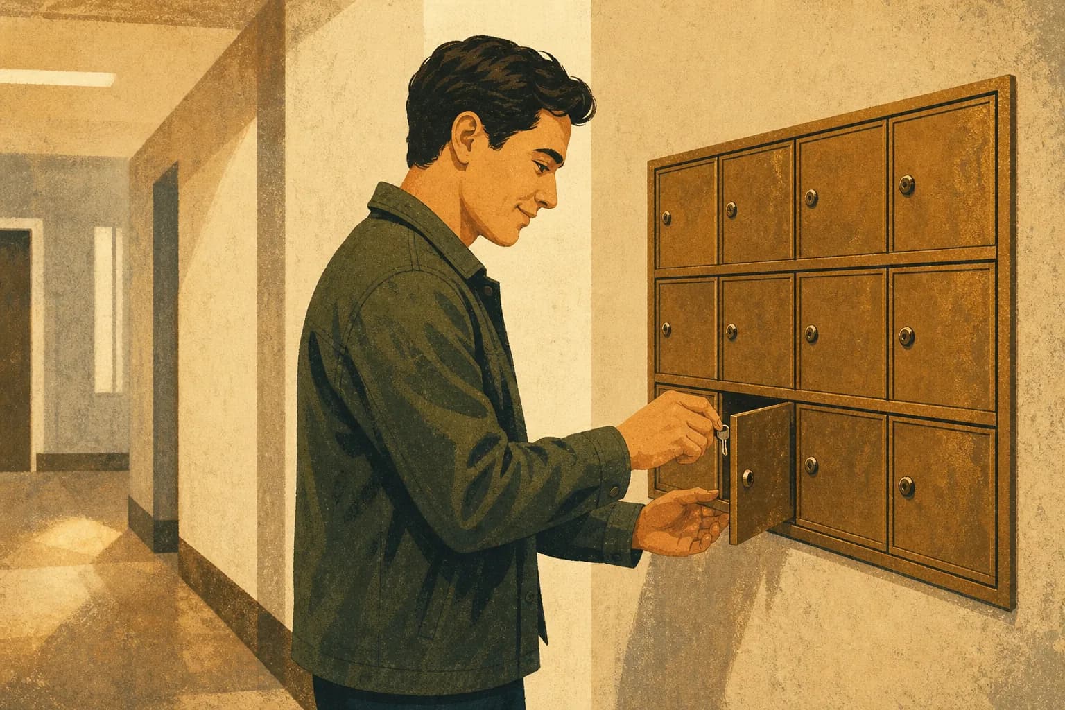 Home service operator opening a mailbox in an empty shared-office corridor, illustrating why mail access does not establish a second business location.