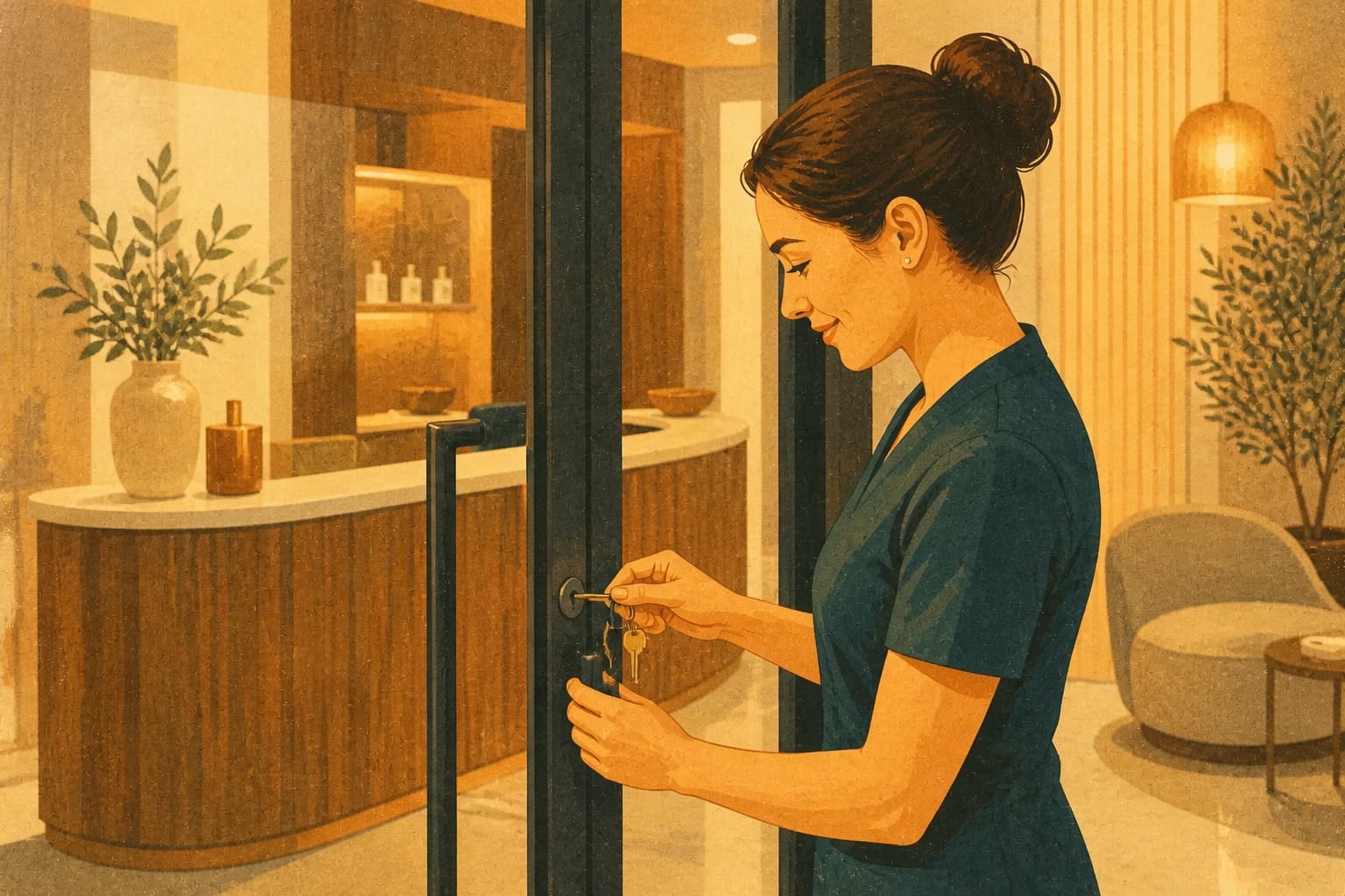 A med spa location owner opens the clinic before customers arrive, representing the local operation behind an owned source.